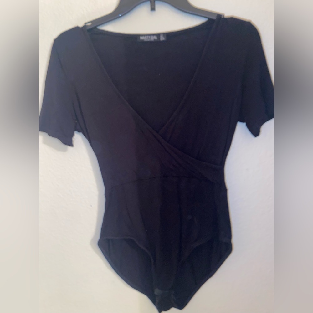 Nasty Gal Black Deep V Neck Bodysuit tee size 1 - flash washed out color!Whoops!
